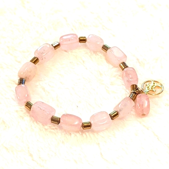 Jewelry - Rose Quartz Beaded Stretchy Bracelet with Goldtone Accent Beads